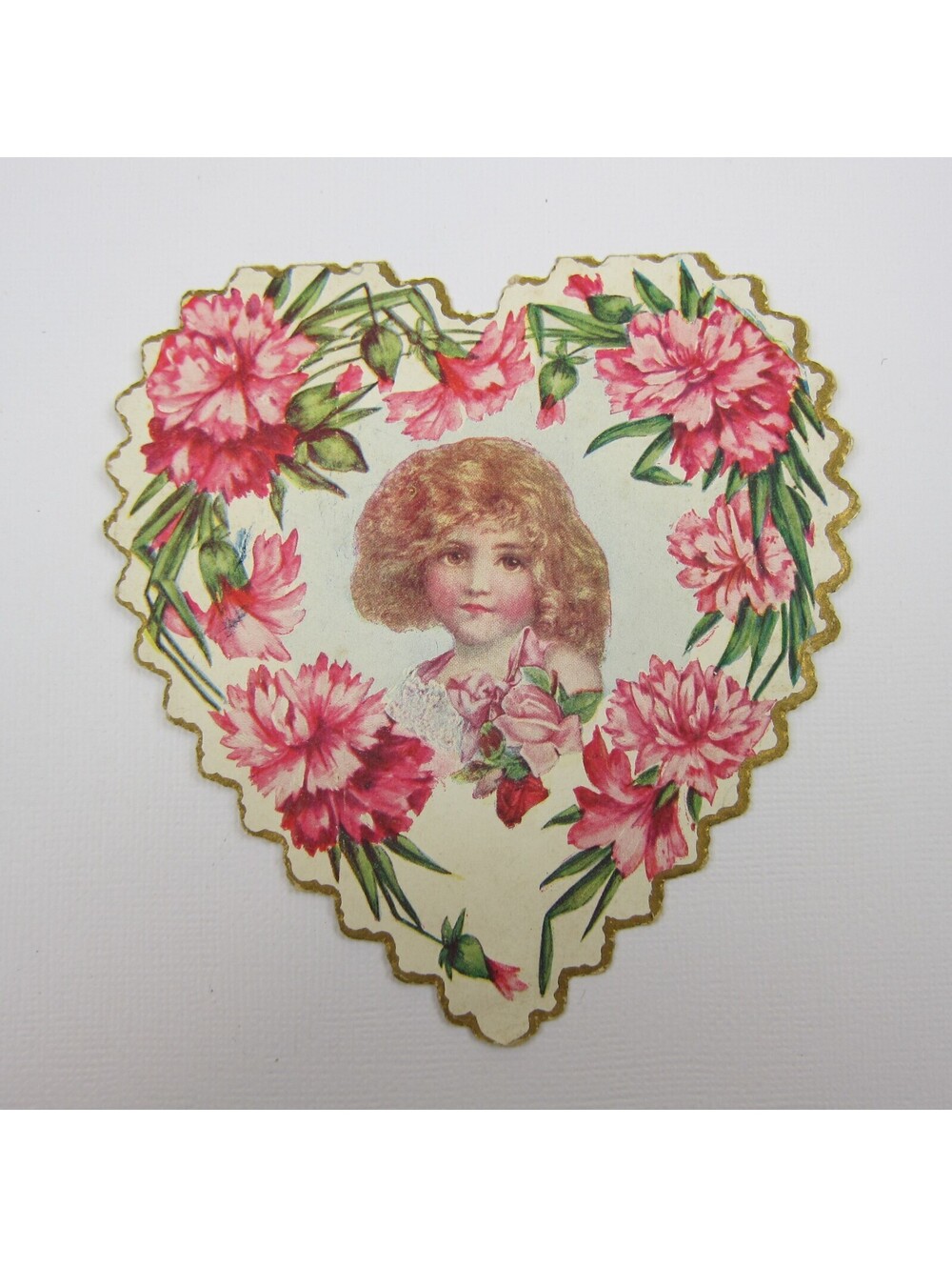 Valentine Card Girl Pink Carnation Flowers Heart Embossed Die cut Bifold Antique